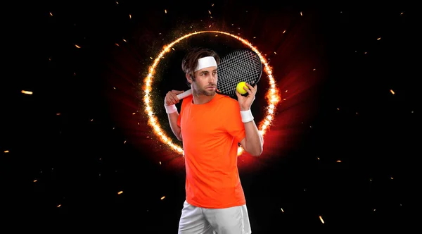 有球拍的网球选手 下载一张在霓虹灯下的网球运动员的照片 为体育赛事做广告 运动博彩网上移动应用 — 图库照片
