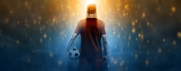 サッカー選手 ティーネージャー サッカー選手 試合の日だ スポーツへの賭けでサッカーゲームを宣伝するために高解像度の写真をダウンロード — ストック写真