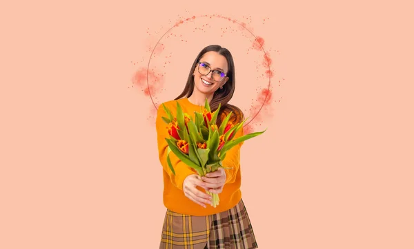 International Womens Day. Happy woman in a orange dress with spring flowers. Download a photo for design of spring advertising. Template with copy space for ads in a womens magazine