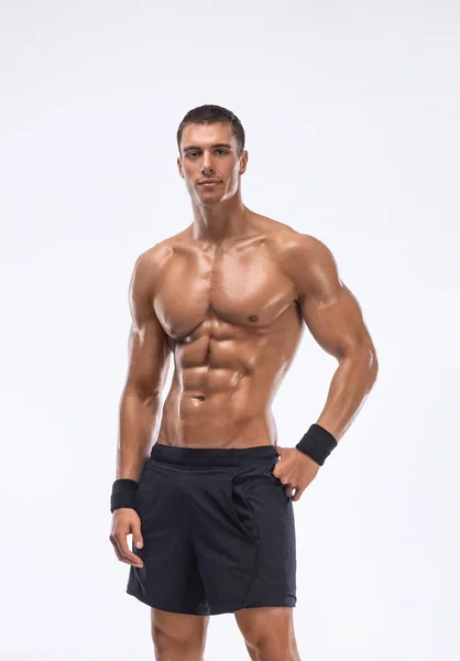 Muž Atlet Činkami Izolované Bílém Pozadí Tělocvik Celým Tělem Svalnatý — Stock fotografie