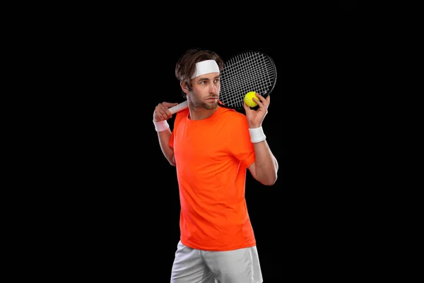 Raketli Bir Tenisçi Spor Müsabakalarının Reklamını Yapmak Için Neon Işıklı — Stok fotoğraf