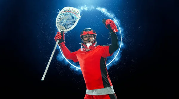 ラクロス選手 ラクロスプレーヤーの高解像度写真をダウンロードします スポーツ賭博だ ブックメーカーのウェブサイトを促進するための広告 — ストック写真