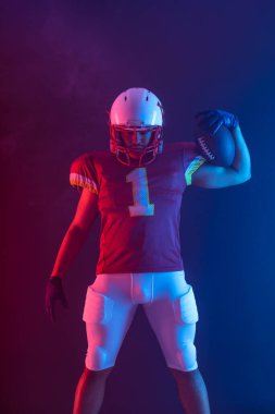 American football player banner for ads. Template for a sports magazine, websites, articles, outdoor advertisments with copy space. Mockup for betting advertisement