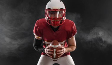 American football player banner for ads. Template for a sports magazine, websites, articles, outdoor advertisments with copy space. Mockup for betting advertisement