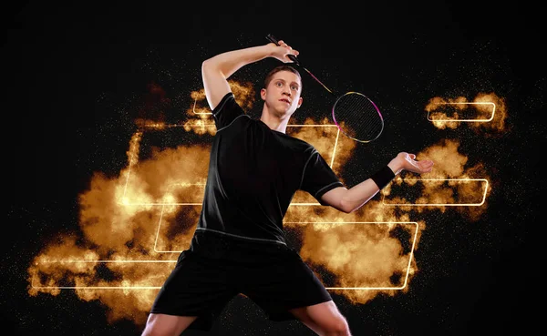 Banner Jogador Badminton Com Luzes Néon Amarelo Modelo Para Anúncios — Fotografia de Stock