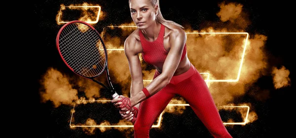 网球运动员的横幅与黄色霓虹灯 网球赛模版 供赌客设计带有复制空间的广告 投注广告的模型 在田径上的体育赌博 — 图库照片