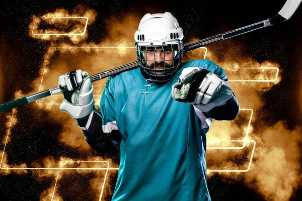 冰球选手 下载用于体育博彩广告的高分辨率照片 戴着头盔和手套的冰球运动员拿着棍子在体育场上 行动射击 体育概念 运动墙纸 — 图库照片