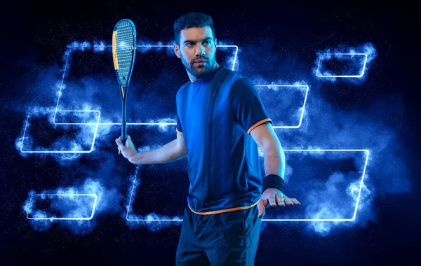 Squash Player Squash Court Racket Man Athlete Racket Court Neon — Stock Photo, Image