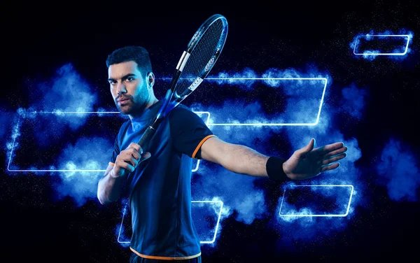 黒を背景にしたテニス選手のバナー コピースペースの広告のためのテニステンプレート 賭けの広告のためのモックアップ テニスに賭けるスポーツ — ストック写真