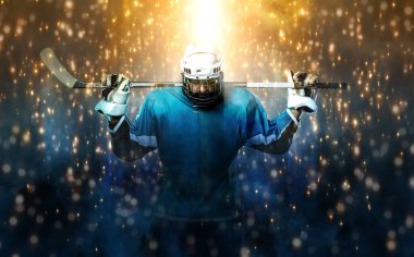 Ice hockey player. Download high resolution photo for sports betting advertisement. Icehockey athlete in the helmet and gloves on stadium with stick. Action shot. Sport concept. Sports wallpaper clipart