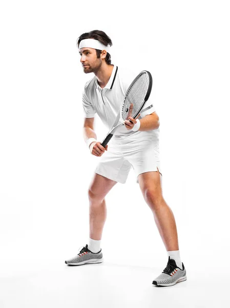 ラケット付きテニス選手 背景に孤立したプレーをする男選手 — ストック写真