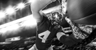 American football player banner for ads. Template for a sports magazine, websites, articles, outdoor advertisments with copy space. Mockup for betting advertisement