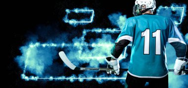 Ice hockey player. Download high resolution photo for sports betting advertisement. Icehockey athlete in the helmet and gloves on stadium with stick. Action shot. Sport concept. Sports wallpaper clipart