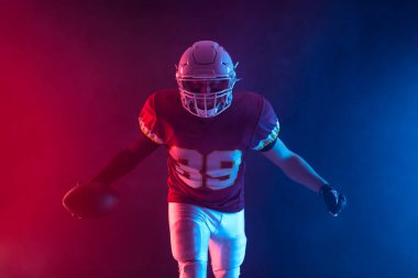 American football player banner for ads. Template for a sports magazine, websites, articles, outdoor advertisments with copy space. Mockup for betting advertisement