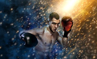 Boks. Sporcu Muay Thai boksörü eldivenlerle dövüşüyor. Arka planda duman ve kıvılcımlar var. Boşluğu Kopyala