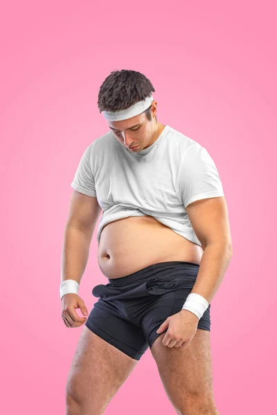 Толстый Человек Обжирается Кремом Ожирение Расстройство Питания Концепция Диеты Фитнес — стоковое фото