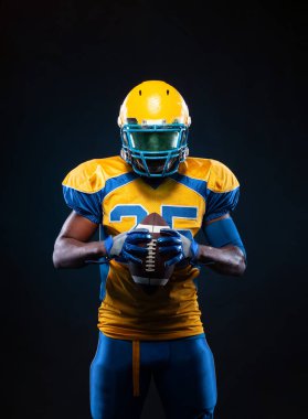 American football player banner for ads. Template for a sports magazine, websites, articles, outdoor advertisments with copy space. Mockup for betting advertisement