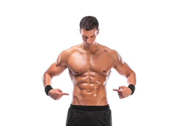 Man Demonstrates Results Hard Training His Inflated Abssportsmen Isolated White — Stock Photo, Image