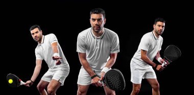 Raketli Padel tenisçi. Sahada raketli, neon renkli bir erkek sporcu. Spor konsepti. Bir spor uygulaması ya da bahis sitesi tasarımı için yüksek kaliteli bir fotoğraf indir