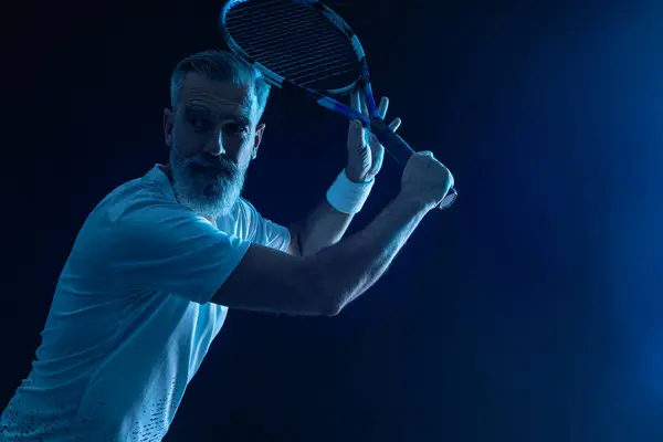 Tennis player banner on the black background. Tennis template for ads with copy space. Mockup for betting advertisement. Sports betting on teniss