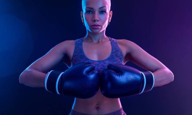 Boks. Brezilyalı kadın boksör. Sporcu Muay Thai boksörü eldivenlerle dövüşüyor. Siyah arka planda izole edilmiş. Boşluğu Kopyala