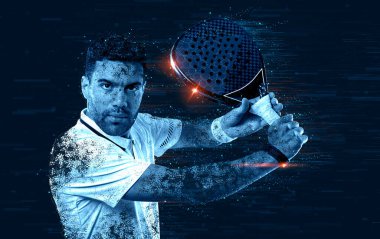 Raketli Padel tenisçi. Sahada raketli, neon renkli bir erkek sporcu. Spor konsepti. Bir spor uygulaması ya da bahis sitesi tasarımı için yüksek kaliteli bir fotoğraf indir