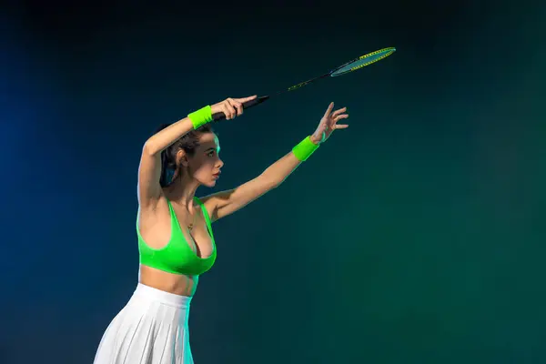 Badminton Player Sport Outfit Reaching Shuttle Racket Swing Studio Shoot 스톡 이미지