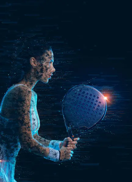 ラケットを持つパデルテニス選手 女の子のティーンエイジャーアスリートは ネオンカラーのコートにラケットを持っています スポーツコンセプト スポーツアプリや賭博サイトのデザインのための高品質の写真をダウンロード ストック画像