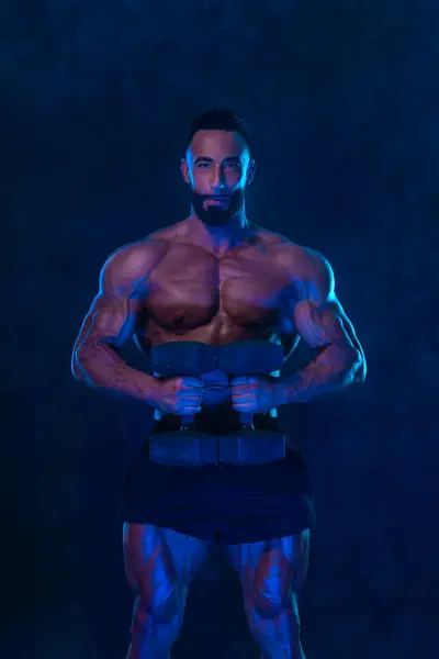 Athlete Bodybuilder Neon Colors Fit Man Posing Black Background Sports Stock Photo