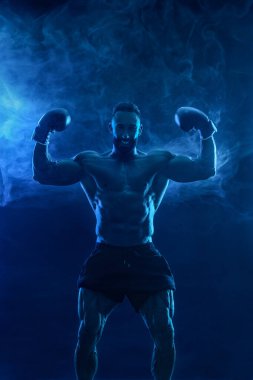 Erkek atlet boksörü. İnternetteki spor bahisleri için yüksek çözünürlüklü fotoğraf indir. Bir bahisçi ofisi reklamı için resim