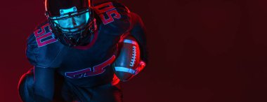 American football player banner for ads. Template for a sports magazine, websites, articles, outdoor advertisments with copy space. Mockup for betting advertisement