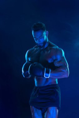 Erkek atlet boksörü. İnternetteki spor bahisleri için yüksek çözünürlüklü fotoğraf indir. Bir bahisçi ofisi reklamı için resim