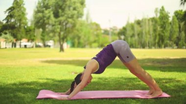 Yoga yapan bir kadın. Güzel kız çevrimiçi sınıfta Asana antrenmanı yapıyor. Sakinleş ve rahatla. Parkta yoga eğitimi almış.