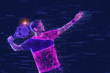 Raketli Padel tenisçi. Sahada raketli, neon renkli bir erkek sporcu. Spor konsepti. Bir spor uygulaması ya da bahis sitesi tasarımı için yüksek kaliteli bir fotoğraf indir