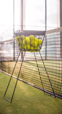Padel tenis raketleri. Spor sahası ve toplar. Bir spor uygulaması ya da sosyal medya reklamının tasarımı için raketli yüksek kaliteli bir fotoğraf indir