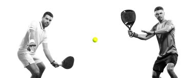 İzole edilmiş beyaz arka planda tenis oyuncusu. Fotokopi alanı olan bahisçi tasarım reklamları için tenis şablonu. Bahis reklamı için maket. Teniste spor bahisleri.