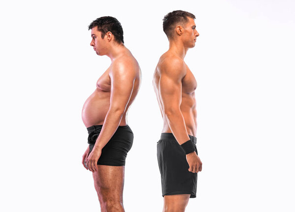До и после фитнес-трансформации концепции, избыточный вес и Fit Man сравнение.