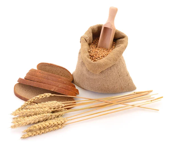 Weizenkörner Sack Weizenähren Und Brot — Stockfoto