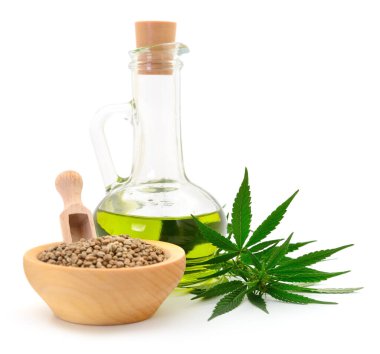 Cam şişede kenevir yağı ve beyaz arka planda taze yeşil kenevir yaprakları..