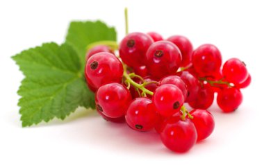 Beyaz arkaplanda yeşil yapraklı kırmızı üzümler.