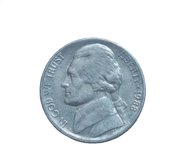 美国5美分硬币 背景为白色 图库图片