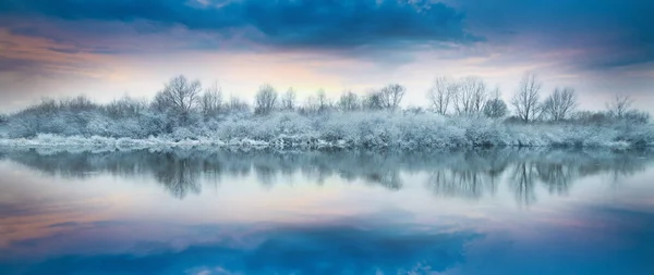 冬の森の近くの川沿いの風景 雪と霜の霜森川のほとりで覆われて ロイヤリティフリーのストック写真