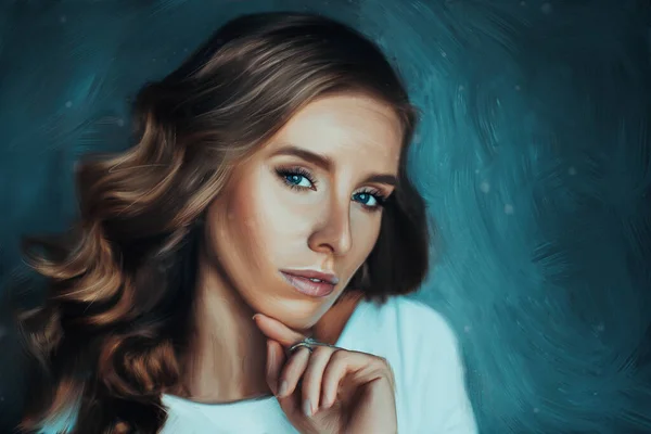 Ung Elegant Brunett Kvinna Porträtt Digital Handfärg — Stockfoto