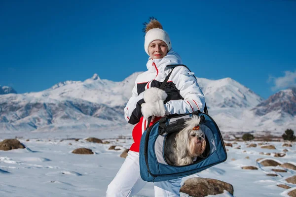 Молода Жінка Подорожує Собакою Сумці Фоні Зимових Гір — стокове фото