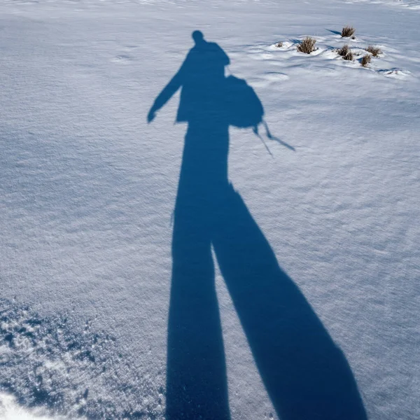 提着袋子在雪地广角的阴影下行走的人 — 图库照片