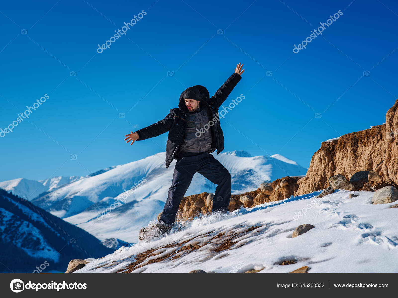 Young Man Tourist Sliding Mountain Winter Season Stock Photo by ©chaoss  645200332