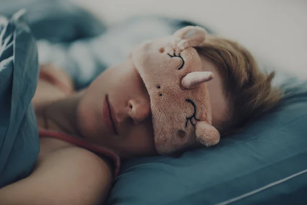 Young Woman Sleep Mask Bed Portrait — Stock Photo, Image
