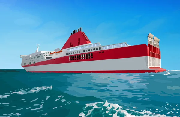 Μεγάλο Κόκκινο Πλοίο Στη Θάλασσα Την Ηλιόλουστη Μέρα — Διανυσματικό Αρχείο