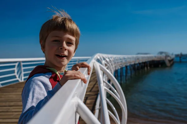 桟橋の上の幸せな少年の肖像画 — ストック写真