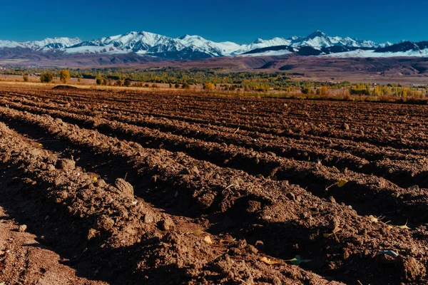 山の背景に耕起フィールドと秋の風景 キルギス — ストック写真